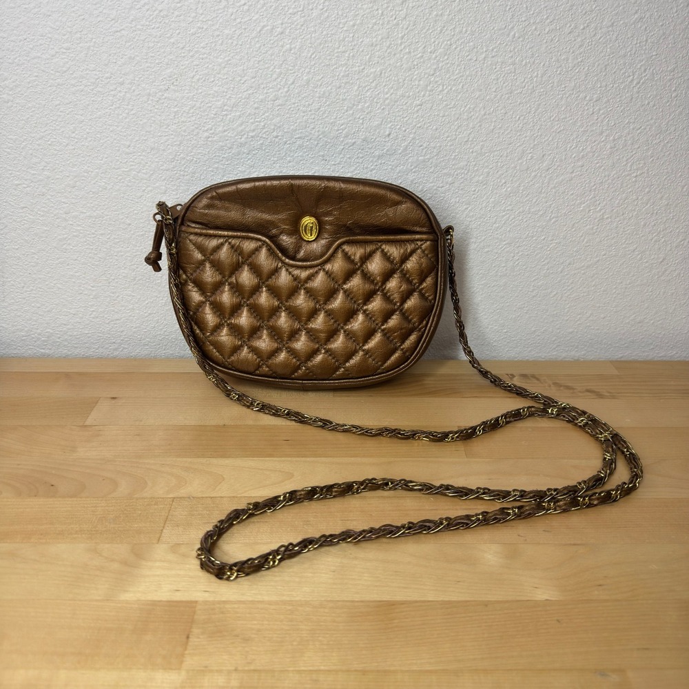 Ganson Vintage Bronze Metallic Quilted Leather Crossbody Bag Gold Chain Strap